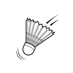 Black and white illustration of a badminton shuttlecock in motion with speed lines
