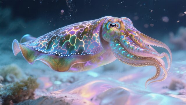 A vibrant, glowing cuttlefish showcases intricate patterns and colors while swimming gracefully in a deep underwater environment.