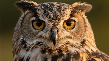 Fototapeta premium Close-up of a great horned owl's intense gaze, showcasing its detailed feathers and bright yellow eyes in natural light.