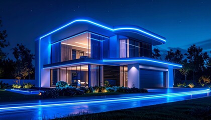 A Beautiful Futuristic Home Exterior at Night, glowing Light Trails, Blue color theme
