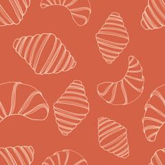 Croissant seamless pattern. Doodle pastries. Bakery. Brown Background. Vector illustration. 