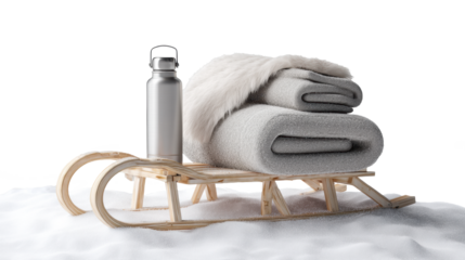 Wooden sled with blanket and bottle on transparent background
