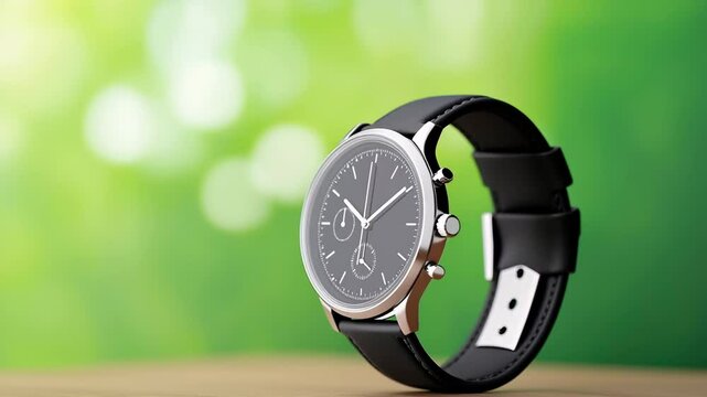 Elegant black wristwatch with leather strap, silver case, minimalist analog dial, and chronograph features displayed on wooden surface, green blurred background, modern stylish timepiece