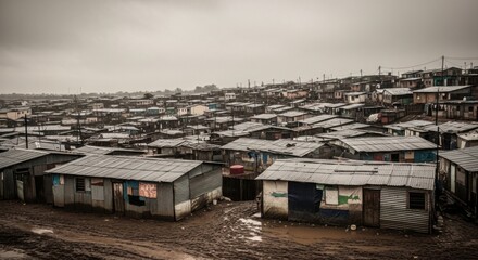 Fototapeta premium Overhead View of Urban Slums Showing Informal Housing in Rainy Weather