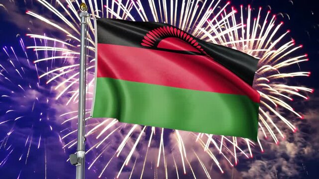 National flag independence state Malawi, background fireworks. AI Generative