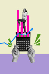Sketch image 3d banner collage of happy businesswoman businessman stand chart arrow development...