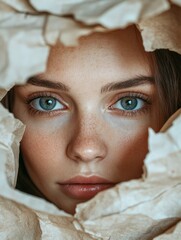 Close-up of a young woman's face peeking through torn paper