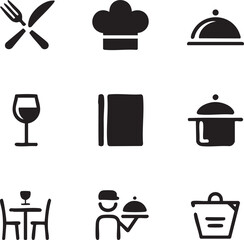 Restaurant and culinary black icon set representing dining and gastronomy services with symbols of cooking,service,and fine dining experience