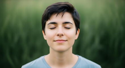 A serene portrait of a person with short brown hair and closed eyes enjoying a moment of peace