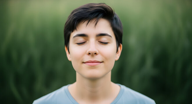 A serene portrait of a person with short brown hair and closed eyes enjoying a moment of peace - Powered by Adobe