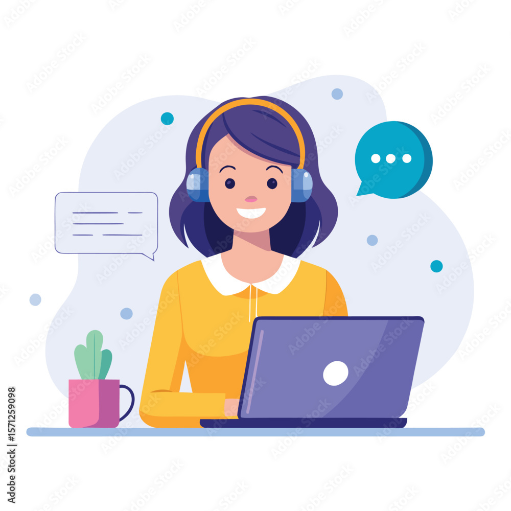 Poster customer service representative assisting clients with headset and laptop computer.