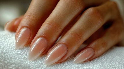 Close-up of beautifully manicured, long, pointed nails with a delicate, light beige ombre