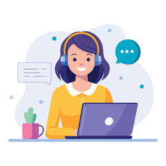 Customer service representative assisting clients with headset and laptop computer.
