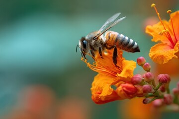 Blurred close up of a bee gathering nectar from an orange bloom in the morning