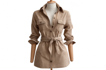 Beige shirt dress with belt isolated on transparent background