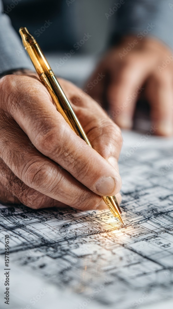Poster a focused architect reviews a complex blueprint using a shimmering golden pen to annotate important 