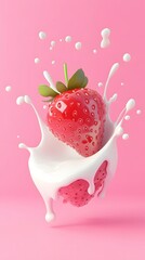 A vibrant strawberry is immersed in a milk splash.