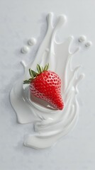 Fresh strawberry resting on a splash of milk.