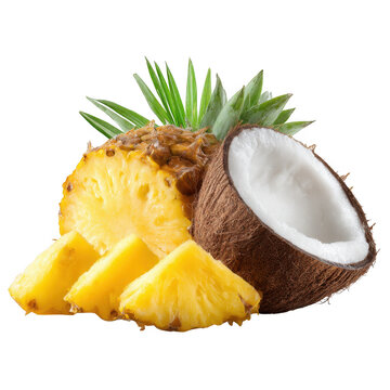 Fresh pineapple slices and half coconut isolated on transparent background