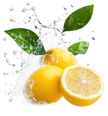 PNG Lemon with water splash lemons fruits leaves.