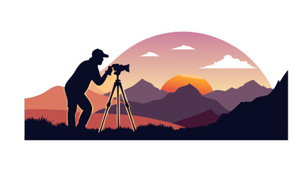 Landscape photography at sunset with photographer silhouette and mountain range scenery for travel blog content