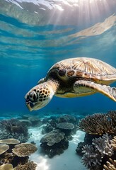 Fototapeta premium Sea Turtle Swimming Over Coral Reef in Clear Tropical Waters. for ocean conservation, wildlife, diving, and nature themes.