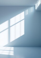 Obraz premium Shadow and light from windows on plaster wall minimal abstract light blue background for product presentation Empty room interior design architecture blank design room