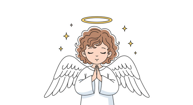 A cute cartoon angel praying with wings and halo twinkling stars overhead