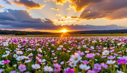 a wide, scenic shot presents a vast meadow of wildflowers in full bloom under a breathtaking sunset, the main subject is the flower filled field