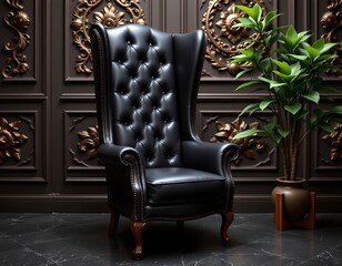 the main subject is a high backed armchair, covered in a shiny, dark material, the chair has tufted upholstery on its back, it has wooden legs, and details along the edges