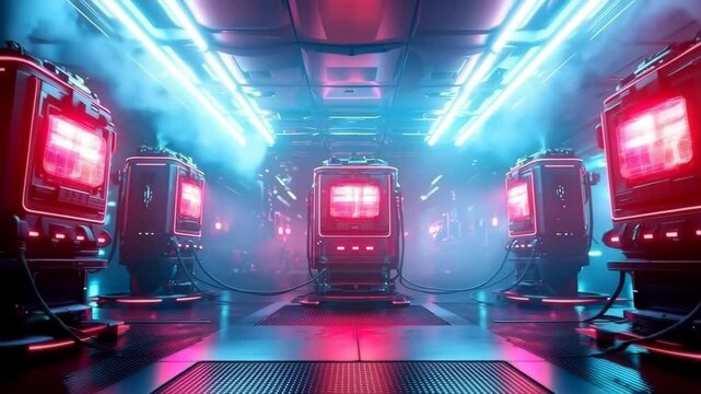 Futuristic server room with glowing neon lights, advanced technology, cyberpunk atmosphere, high tech computer equipment, and mysterious machines emitting vibrant blue and pink illumination