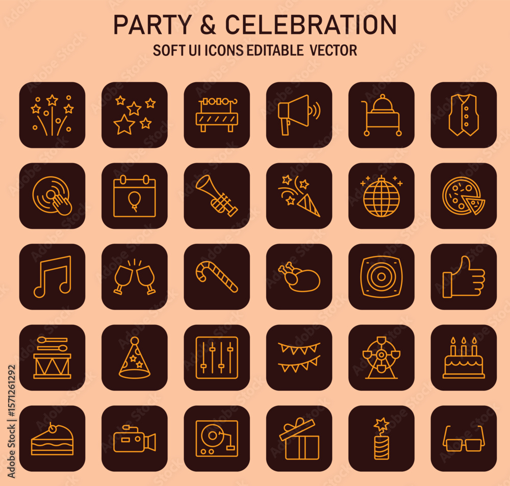 Poster celebratory event icons set in soft user interface style for web and app design projects and diverse