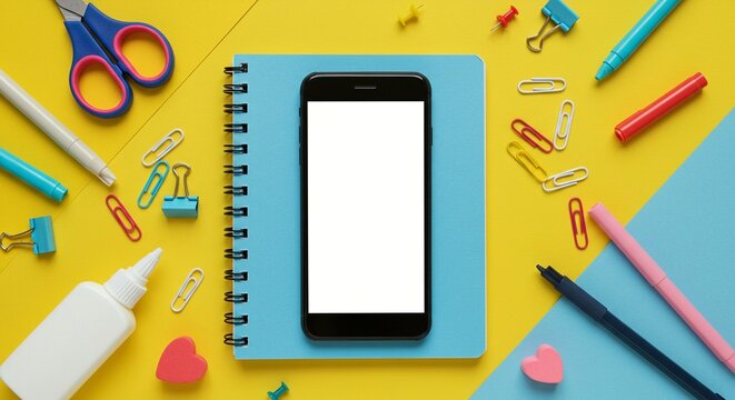 Back to School Smartphone Mockup with Stationery Supplies