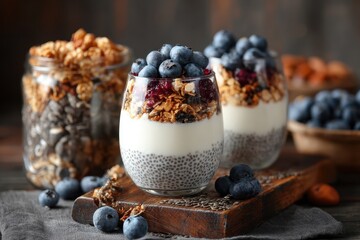 Nutrition concept featuring a wholesome breakfast of homemade granola yogurt and chia parfaits set against a wooden kitchen backdrop