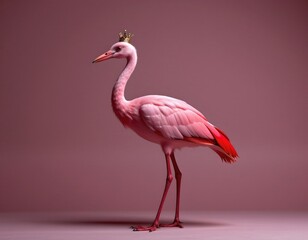 Fototapeta premium the image features a bird with long legs and neck, it is primarily pink, with deeper reds on the edges of its feathers, on its head sits a sparkling ornament