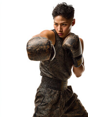 Powerful uppercut mid-motion by non-binary Asian athlete