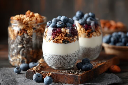 Nutrition concept featuring a wholesome breakfast of homemade granola yogurt and chia parfaits set against a wooden kitchen backdrop