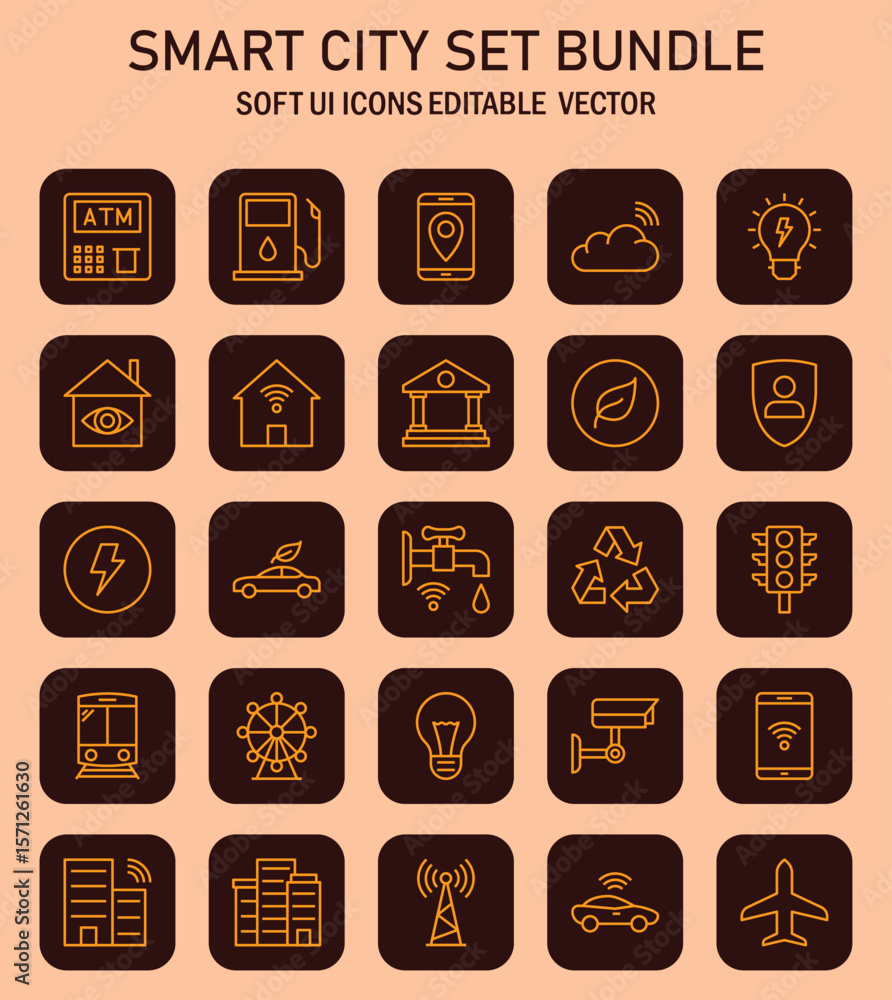 Poster smart city vector icon set with rounded squares and line art style for modern ui design