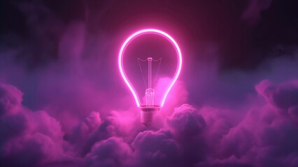 Bright neon outline of a light bulb glowing in purple smoke, symbolizing a new idea or innovation concept.