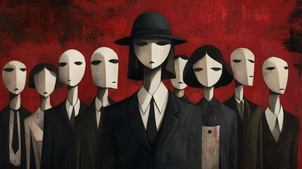 Row of stylized figures in formal attire against a deep red background.