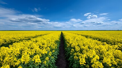 Obraz premium Vibrant yellow flower field under a blue sky.