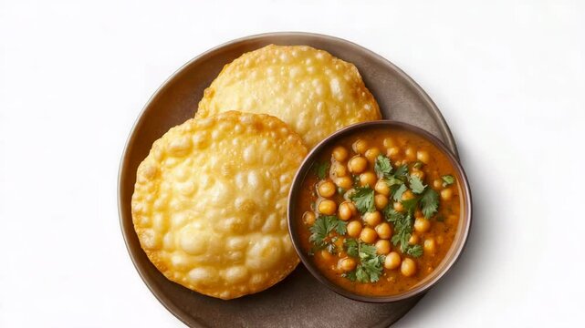 Hot chole bhature rotating on white background, famous indian breakfast, 4k video