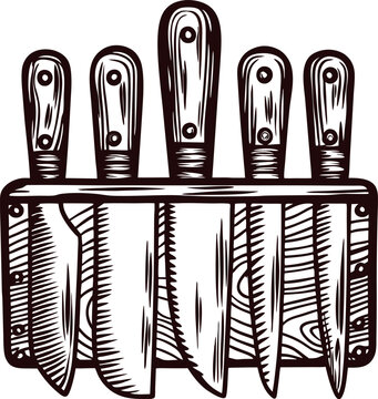 Set of five kitchen knives in wooden block holder hand drawn engraving black and white illustration