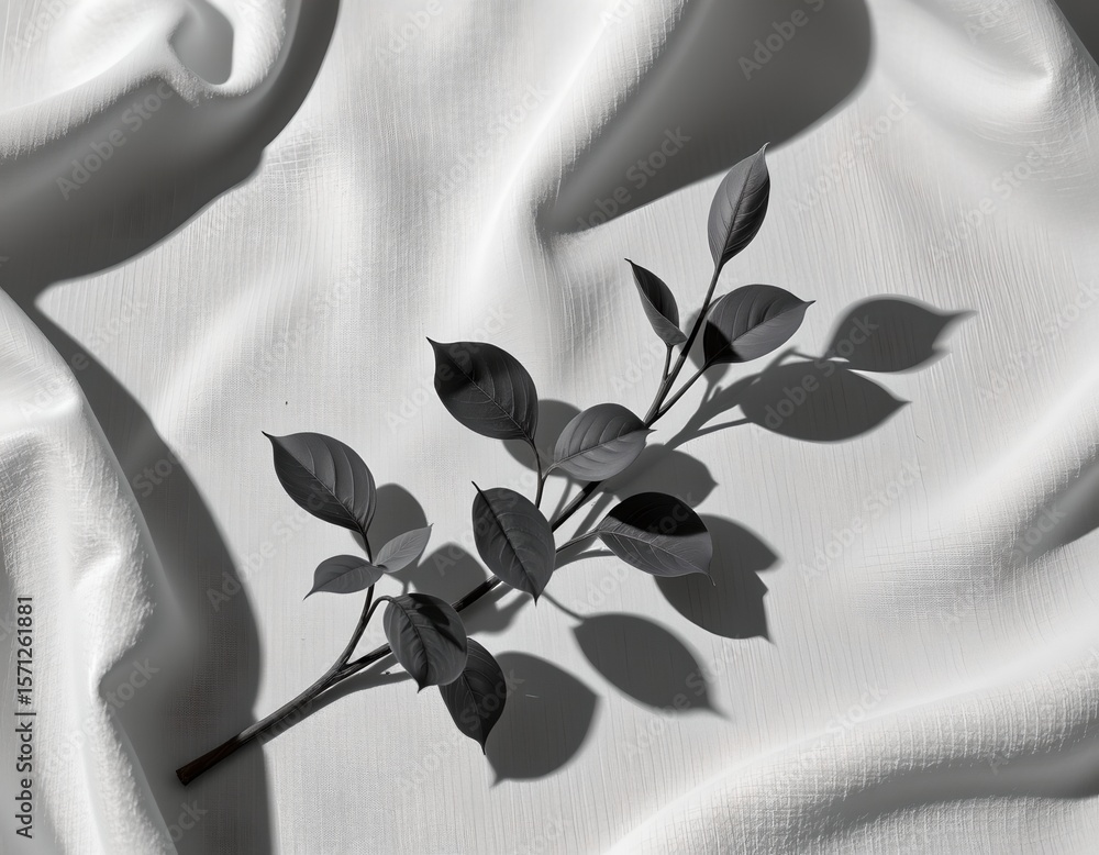 Poster the image features a botanical element, specifically a stem with several leaves, casting a distinct 