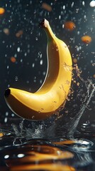 A ripe banana entering a body of water with splashes.
