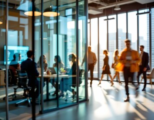 the image shows a blurred and stylized view of figures within a modern workspace, on the left, several people appear to be seated around a conference table in a meeting