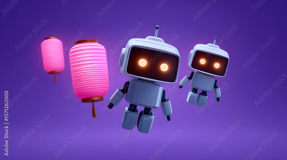 Poster futuristic robots and glowing lanterns float in a vibrant, minimalist scene.