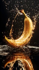 A banana submerged in water with splashing water droplets.