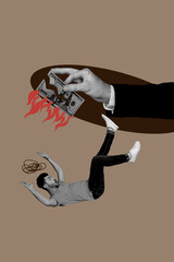 Vertical poster image art collage of shocked businessman fall hand hold crack dollar banknote...