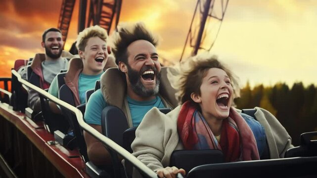 Joyful friends enjoying a thrilling roller coaster ride during sunset at an amusement park